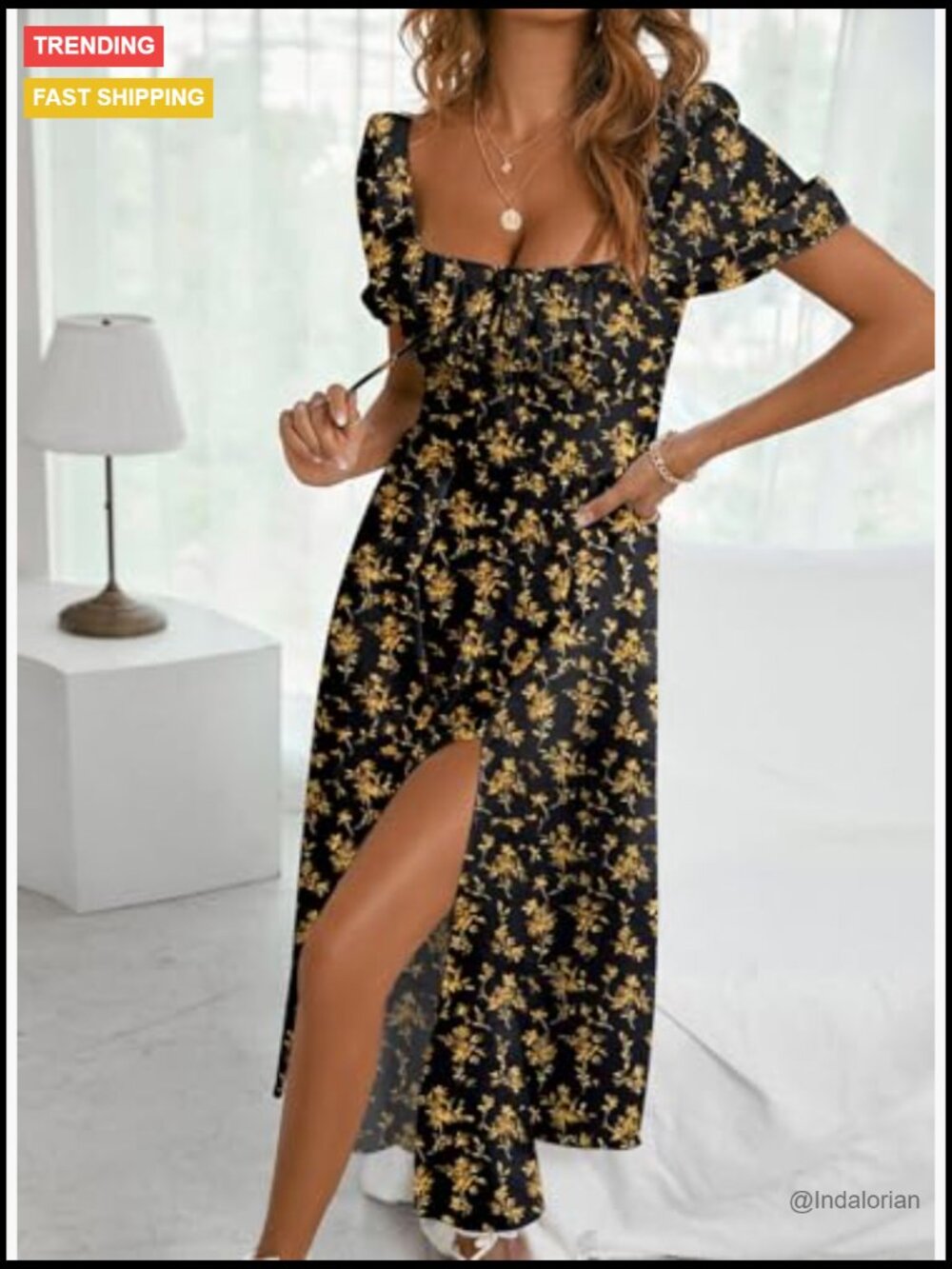 High Waist A-Line Midi Dress with Side Split and Tie Front - Picture 2 of 7